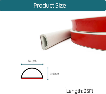 White Rubber Weather Stripping, Self-Adhesive D Shape Rubber Seal for Boat, Auto, RV, Marine, Garage Doors/Window and More, W:0.75"; H:0.375"; L:25Feet