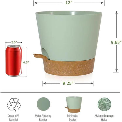 Self Watering Pots for Indoor Plants,12 inch Planters with Drainage Holes Plastic Flower Pots with Deep Reservoir, Green with Brown
