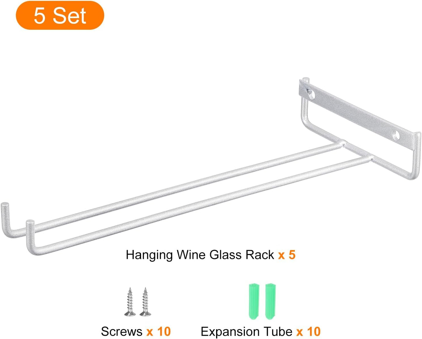 uxcell 5Pcs Wine Glass Rack, 10.43 Inch Iron Wine Glasses Rack Under Cabinet Stemware Rack - Wall Mountable Wine Glass Holder Storage Hanger for Bars Coffee Restaurants Kitchens, Silver