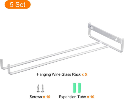 uxcell 5Pcs Wine Glass Rack, 10.43 Inch Iron Wine Glasses Rack Under Cabinet Stemware Rack - Wall Mountable Wine Glass Holder Storage Hanger for Bars Coffee Restaurants Kitchens, Silver