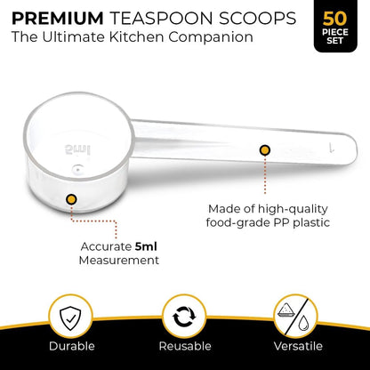 50 Measuring Spoons Set with Short Handle - 1 Teaspoon (5 ML) Clear Plastic Scoops for Creatine, Coffee, Grains, Spices, Powders, and Other Dry Goods, BPA Free, Kitchen Tools Measure, Fits in Jars