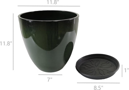 FixtureDisplays® Garden Green Plastic Round 11.8 Inches Diameter 11.8 Inches Tall Planter Resin Glazed Faux Ceramic Flower Pots Drainage Hole with Saucer Decorative Pot 15675-NF