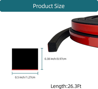 Solid Rectangle Rubber Seal with High Tack Self-Adhesive Tape, EPDM Foam Rubber Weather Stripping for Boat, Auto, RV, Marine, Garage Doors/Window Seal, Black(26Feet)
