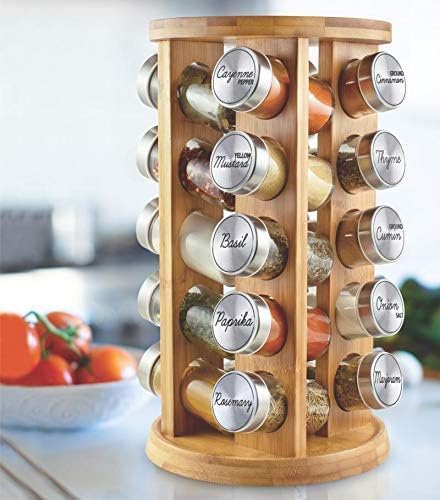 Orii 20 Jar Bamboo Spice Rack with Spices Included - Rotating Tower Organizer for Kitchen Spices and Seasonings, (Bamboo Wood)