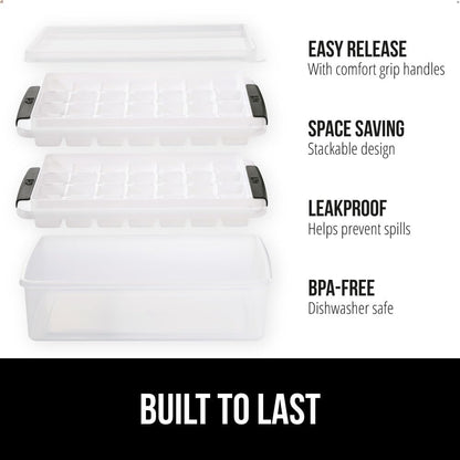 GORILLA GRIP Stackable Ice Cube Tray and Bucket Set for Freezer, Includes 2 Trays with Lid and Scooper, Easy Release, Makes 56 Cubes for Cocktail Soda Coffee, Leak Proof Bin Kit, Kitchen Tools, Black