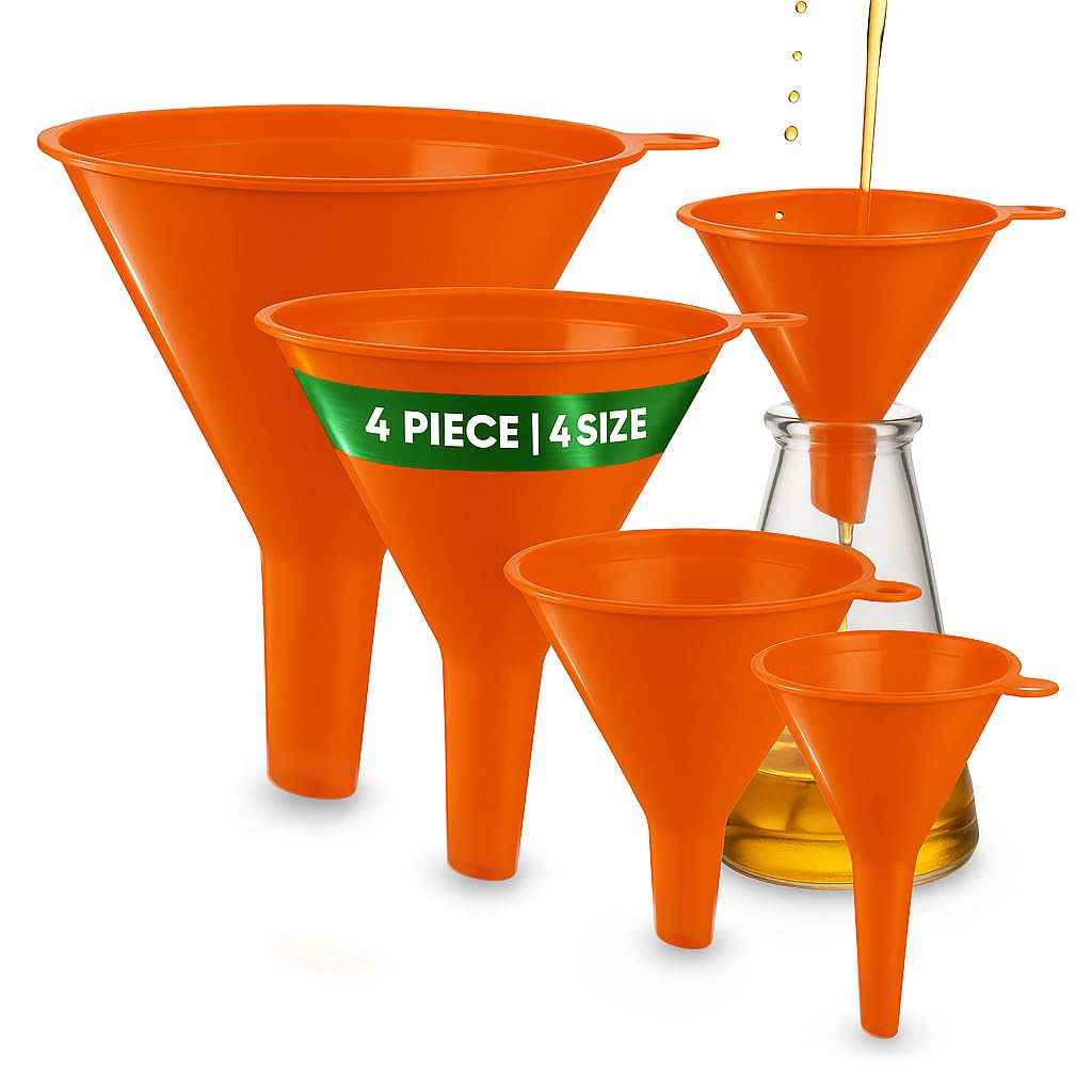 Oil Funnel Set (Orange, 4-Pack) – Plastic Funnels for Automotive Use – Funnels for Kitchen Use Filling Bottles and containers – Funnel for Water Bottles, Gas, Car Oil, Lubricants and Fluids