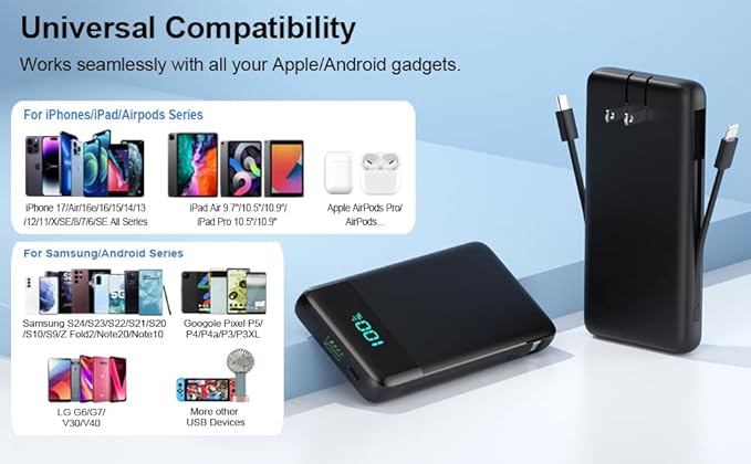 Portable Charger for iPhone,13800mAh Slim Power Bank with Built-in Cables & AC Wall Plug,All in One 4 Outputs USB C Fast Charging Battery Pack Powerbank for iPhone 17/16/15/14,Android,Travel Essential