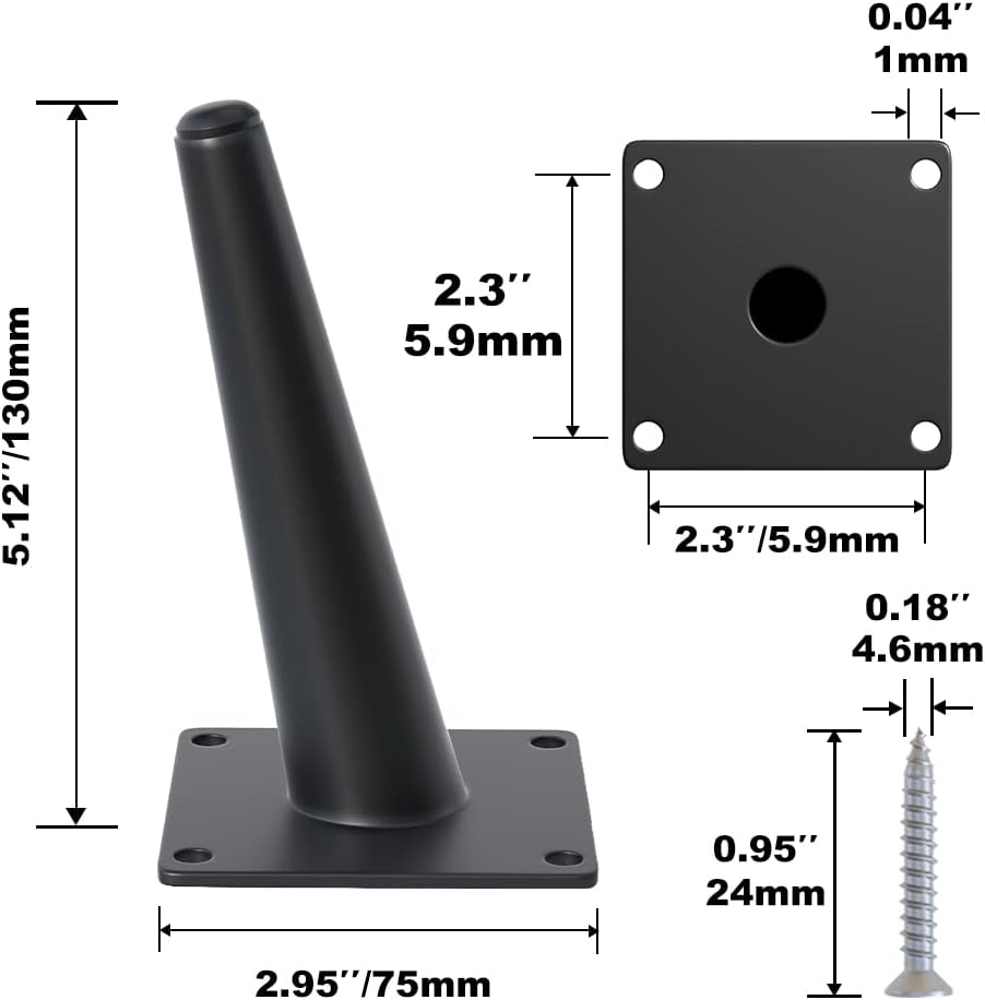 4PCS 5 Inch Matte Black Tapered Angled Legs for Furniture, Metal Mid Century Mordern Feet, Heavy Duty Slanted Stand Legs Kit for Couch, Coffee Table, Desk, Dresser, Sofa, Chair
