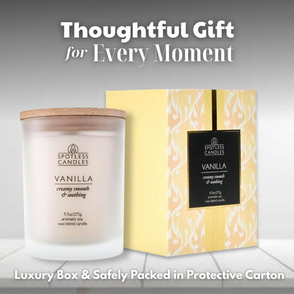 Vanilla Candle - 9.7 oz /275g Vanilla Scented Candle in Cream Frosted Glass Jar with Wooden Lid and Wooden Crackling Wick in a Luxurious Gift Box - Creamy, Smooth and Soothing