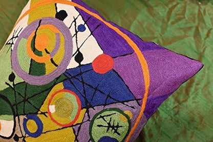 Kandinsky Contemporary Throw Pillow Cover - Circles 2 Modern Pillowcases Mid-Century Abstract Toss Cushion Farmhouse Chair Cushions Hand Embroidered Wool 18x18 Inch