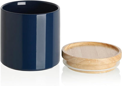 Sweejar Kitchen Canisters Ceramic Food Storage Jar, Stackable Containers with Airtight Seal Wooden Lid for Serving Coffee Bean, Flour, Tea, Spice and More - 39 Fl Oz (Navy)
