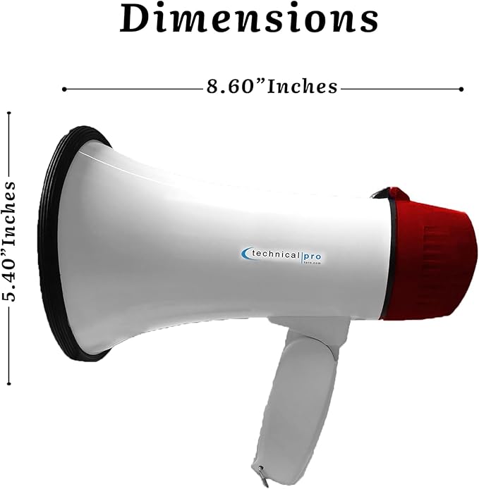 Technical Pro 20 Watts Lightweight Portable 300M Range Megaphone Bullhorn with Strap, Siren, and Volume Control, Good for Trainers, Soccer, Football, Baseball, Coaches