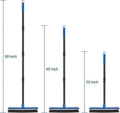 16 Inch Push Broom Outdoor 2 in 1 with Rubber Squeegee and Stiff Bristle Deck Brush 58" Long Handle for Deck Patio Garage Warehouse Driveway Concrete Floor Cleaning Scrubbing(Blue)