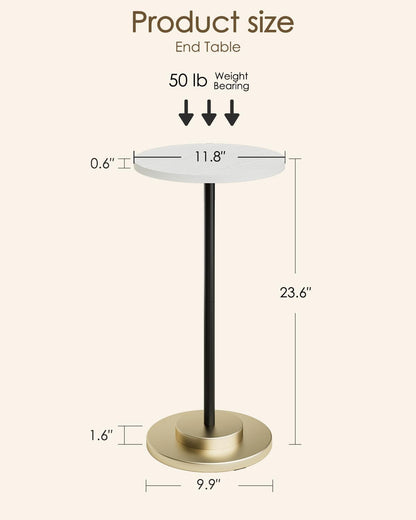 Masupu Drink Table, Round Side Table for Small Spaces, Pedestal Side Table, Small End Table with Metal Base, for Living Room, Bedroom, Bathroom, White