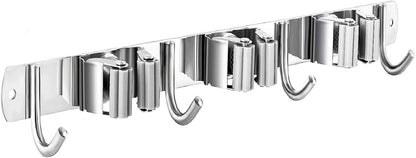 Mop and Broom Hanger Wall Mount, stainless steel Broom Hook Organizer Wall Mounted, Heavy Duty Mop Holder Storage Rack - 3 Racks 4 Hooks for hanging brooms and mops