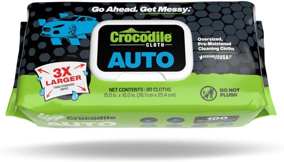 Crocodile Cloth Auto Cleaning Wipes – 100 XL (15" x 10") Disposable Wipes for Car Engine Degreasing, Body Detailing & Tire Cleaning – Cuts Grease, Oil, Adhesives on Hands, Tools, Parts & More