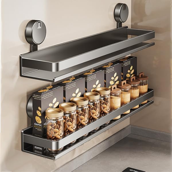 Spice Rack wall mounted 2 Pack,Suction Cups Spice Organizer for Cabinet,Large Capacity Metal Spice Shelf for Kitchen Cabinet, Pantry Doors, Bathroom, Shower, Home Decor(11.8 inch)