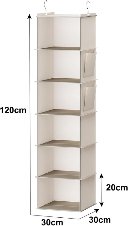 YOUDENOVA Hanging Closet Organizer, 6-Shelf Closet Hanging Storage with Side Pockets, Beige