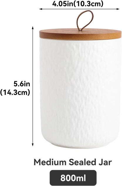 Black White Ceramic Coffee Canister Tea Canister with Seal Wood Lid, Airtight Coffee Storage Container for Coffee Bean, Ground Coffee, Sugar, Cookie Candy jar (White, 800ml)