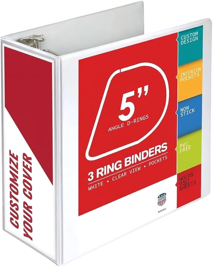 3 Ring Binder, Professional Angle D Ring Binder 5 Inch, Presentation Folder for Standard Pages 8.5 x 11 with Pockets, Crystal Clear View White (1 Pack)