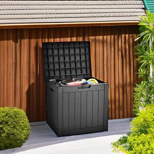 YITAHOME 31 Gallon Outdoor Storage Deck Box, Waterproof Resin Package Delivery and Storage Box with Lockable Lid for Patio Furniture Cushions, Pool Accessories, Garden Tools, Black