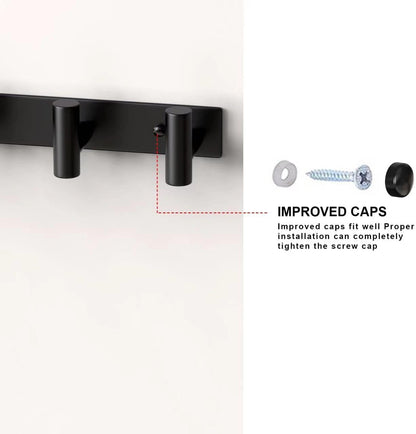 PMMASTO Coat Rack Wall Mounted, 5 "T Shaped Wall Hooks for Hanging, Heavy Duty Stainless Steel Coat Hook Rail for Hat Towel Robes in Bathroom Kitchen Mudroom Entryway (Black, 2 Pack)
