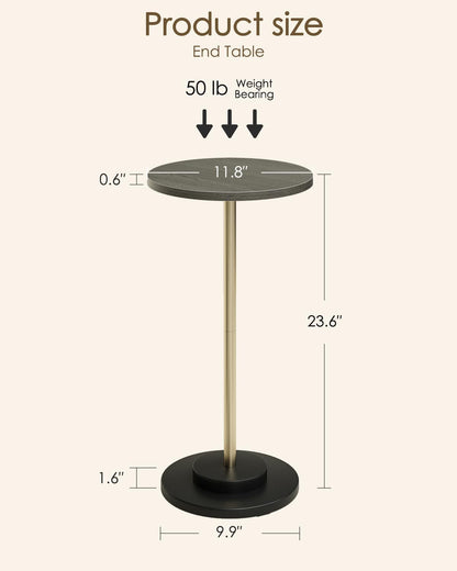 Masupu Drink Table, Round Side Table for Small Spaces, Pedestal Side Table, Small End Table with Metal Base, for Living Room, Bedroom, Bathroom, Grey