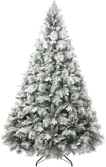 Naomi Home 6.5ft Snow Flocked Christmas Tree with Lights,Realistic Frosted Pine Prelit with Pine Cones, Foot Pedal 1040 Branch Tips, 650 Warm Lights & Metal Stand, Pre Lit Xmas Tree