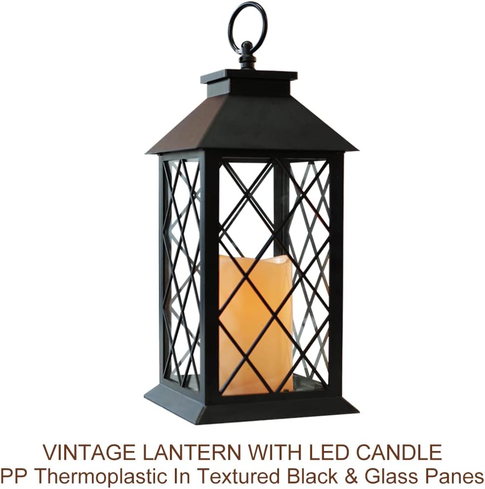 Bright Zeal 2-Pack 13.5" Vintage Candle Lantern with LED Pillar Candle (Black, 6hr Timer) - IP44 Waterproof Battery Powered Candle Lantern - Outdoor Patio Hanging Lantern Decorative Tabletop Lantern