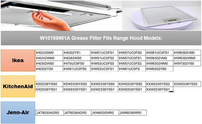 Upgraded version W10169961A (12" x 10.5"), compatible with Whirlpool range hood filters - aluminum mesh screen, suitable for kitchen ceiling exhaust fans, blocks grease, filters oven air (1piece)