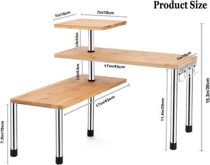 HYNAWIN Corner Shelf Bamboo & Metal Storage Spice Rack, 3 Tier Desk Bookshelf Display Shelves Space Saving Organizer, Adjustable Rack for Kitchen, Bed Room, Office-Best Home Décor (Upgraded Shelf)