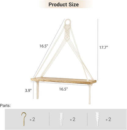 Mkono Macrame Hanging Shelves Boho Wall Decor Set of 2 Rustic Wood Floating Storage Shelf for Bedroom Bathroom Living Room Nursery Dorm Room, Display Shelving for Hanging Plants Photos