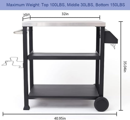 NUUK Three-Shelf Movable Outdoor Dining Cart Table, 20" x 32" NSF Stainless Steel Commercial Multifunctional Heavy Duty Kitchen Food Prep Worktable on Wheels