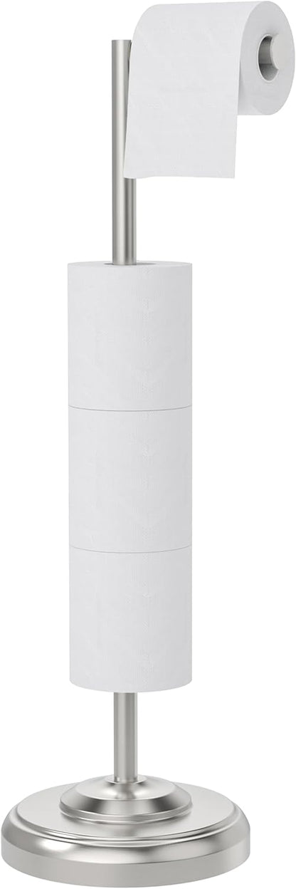 Toilet Paper Holder Stand with Storage – 4 Extra Rolls –Brushed Nickel Toilet Paper Holder for Bathroom – Sturdy Base, Classic Retro Style, Space-Saving Bathroom Storage Organizer, Sliver