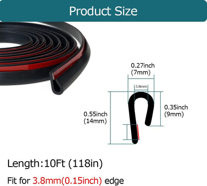 Rubber Edge Trim Black, U Channel Rubber Seal Strip with Self-Adhesive Tape, Metal Edge Protector Fit for 0.15", 10Ft (118in)