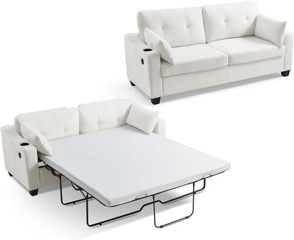 CHIC HOUSE Pull Out Sofa Bed, Full Size Sleeper Sofa, 2-in-1 Convertible Chenille Couch with USB Charging, Memory Form Corduroy Couch for Living Room, Apartment & Small Space (Beige, Chenille - Queen)