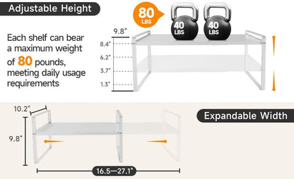 16.5~27.1" Expandable Shelf Organizer, 1Pack 10.2" Wide Stackable Cabinet Shelf Organizers, White Metal Sturdy Kitchen Counter Storage for Countertop, Adjustable Height Spice Rack