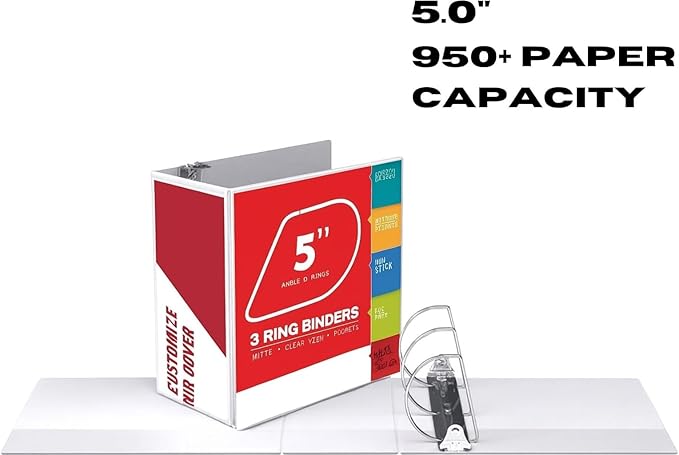 3 Ring Binder, Professional Angle D Ring Binder 5 Inch, Presentation Folder for Standard Pages 8.5 x 11 with Pockets, Crystal Clear View White (1 Pack)
