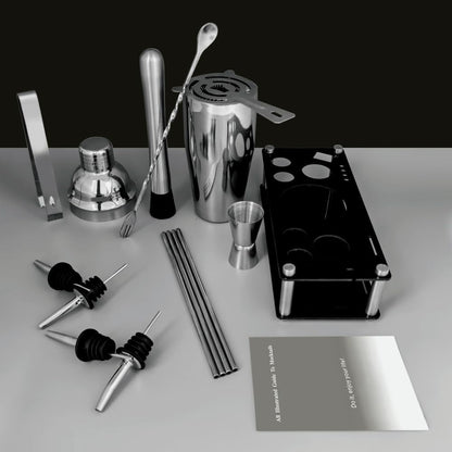 14-Piece Cocktail Shaker Set Bartender Kit with Black Stand, Bar Tool Set for Drink Mixing Bartending Kit Bar Sets Accessories: 750ml(25oz) Shaker, Jigger, Muddler, Cocktail Recipes (Silver)