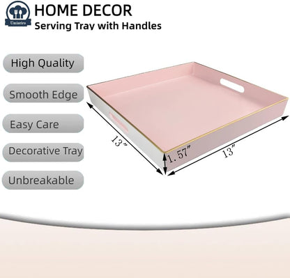 Pink Decorative Tray, Square Serving Tray with Handles, Plastic Coffee Table Tray for Ottoman, Living Room, Kitchen Tabletop, 13"x13"x1.6"
