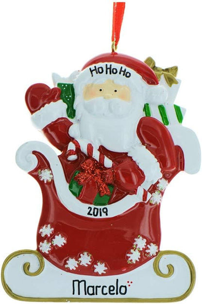 Personalized Santa Ornament 2024 by Elves - Sledding Christmas Figure With Gift Box for Tree, Vintage Decorations