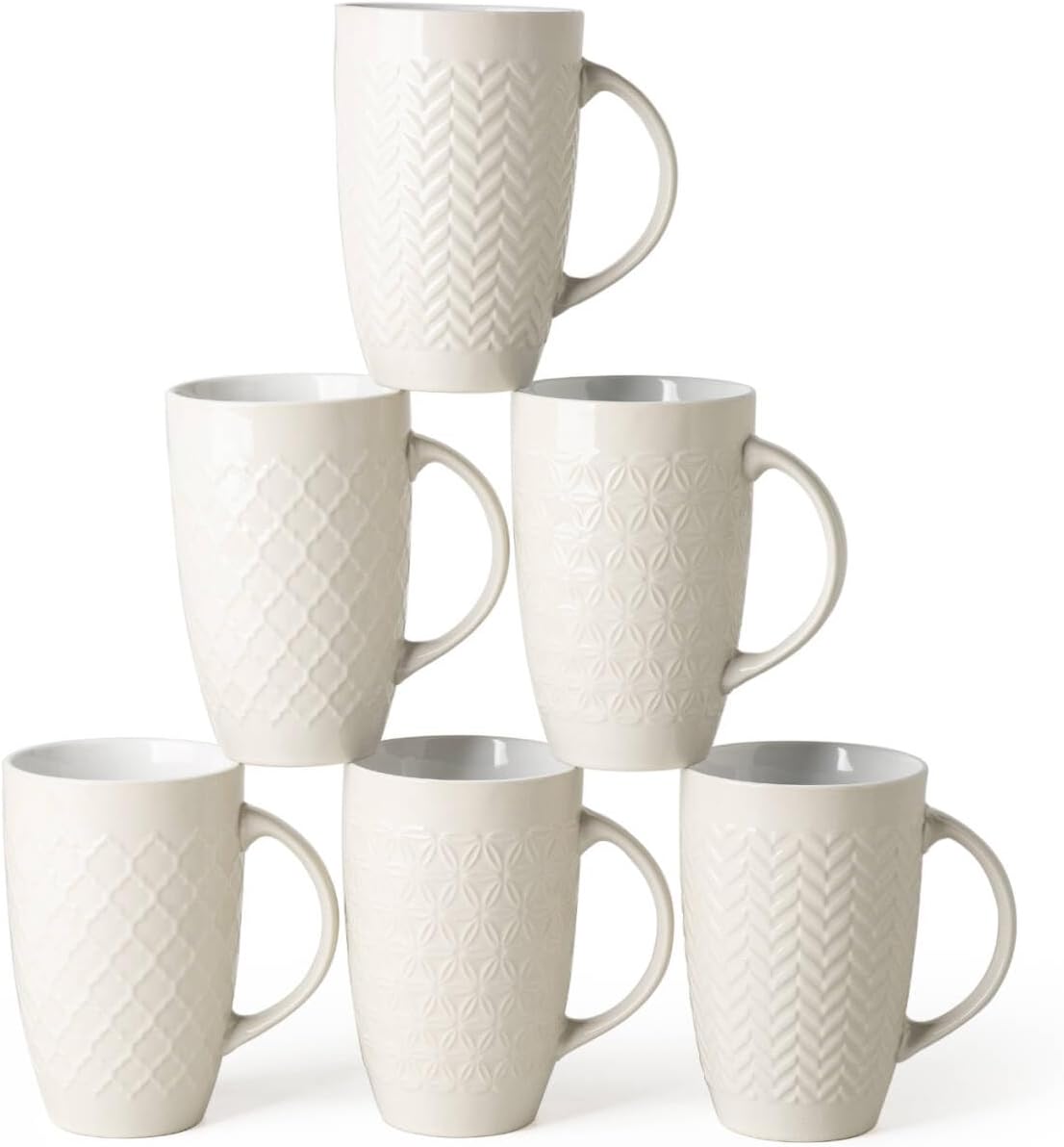 AmorArc Extra Large Coffee Mugs Set of 6, 20oz Ceramic Tall Coffee Mugs Set with Textured Geometric Patterns for Coffee/Tea/Beer/Hot Cocoa, Dishwasher & Microwave Safe,Beige