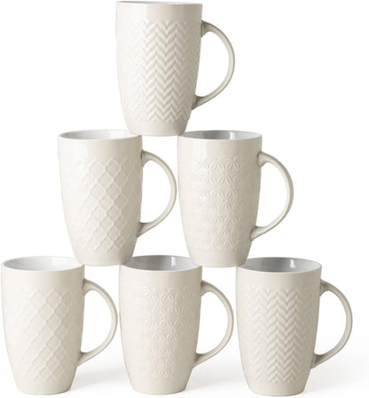 AmorArc Extra Large Coffee Mugs Set of 6, 20oz Ceramic Tall Coffee Mugs Set with Textured Geometric Patterns for Coffee/Tea/Beer/Hot Cocoa, Dishwasher & Microwave Safe,Beige