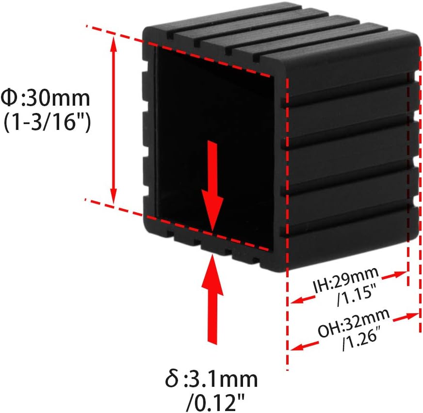 Flyshop Anti-Skid Non-Marking Synthetic Rubber Patio Chair Table Leg Caps Square Furniture Covers 20pcs, Black, 30 mm x 30 mm, 1-3/16" x 1-3/16"