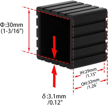 Flyshop Anti-Skid Non-Marking Synthetic Rubber Patio Chair Table Leg Caps Square Furniture Covers 20pcs, Black, 30 mm x 30 mm, 1-3/16" x 1-3/16"