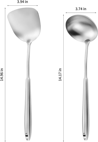 14-15" Wok Spatula and Ladle,2 PCS Wok Tools Set,304 Stainlss Steel Cooking Utensils,Matte Wok Accessories,Solid Wok Utensils