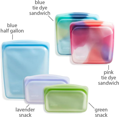 Stasher Premium Silicone Reusable Food Storage Bags, 5-Pack, Tie Dye Multi, Multi-Use Food Storage Bags, Lunch Bag, Travel Containers, BPA Free, Leak-free, Dishwasher-Safe, Eco-friendly