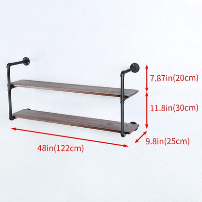 Industrial Pipe Shelving Wall Mounted,48in Rustic Metal Floating Shelves,Steampunk Real Wood Book Shelves,Wall Shelf Unit Bookshelf Hanging Wall Shelves,Farmhouse Kitchen Bar Shelving(2 Tier)