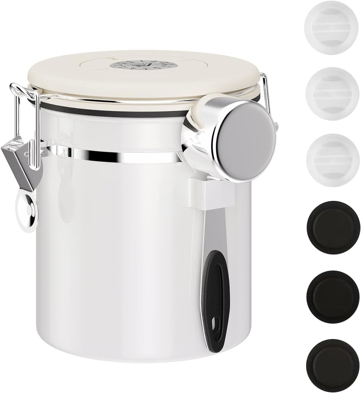 ShanSon Coffee Canister Airtight Coffee Container Stainless Steel Coffee Bean Storage Container with CO2 Release Valve and Scoop Coffee Canister for Beans,Grounds,Sugar,Flour,Tea,Cereal,16OZ,Off-White