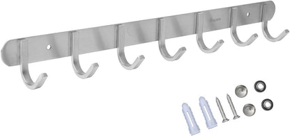Towel Hook Rack Brushed Nickel 17-Inch Coat Hook Rail Wall Mounted with 7 Hooks, Durable Wall Hangers for Bedroom, Bathroom, Foyer, Hallway (304 Stainless Steel)